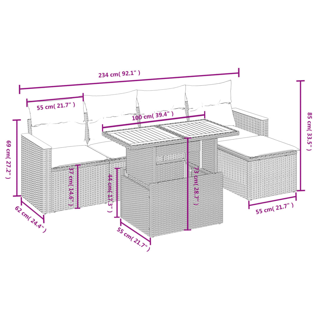 Gartenmöbel Set 6 PCs und graue synthetische Rattan -Kissen