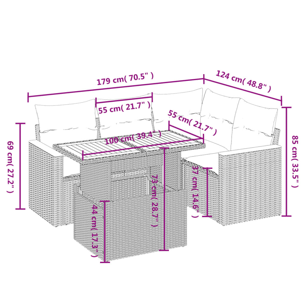 Conjunto de móveis de jardim 5 PCs e almofadas sintéticas pretas