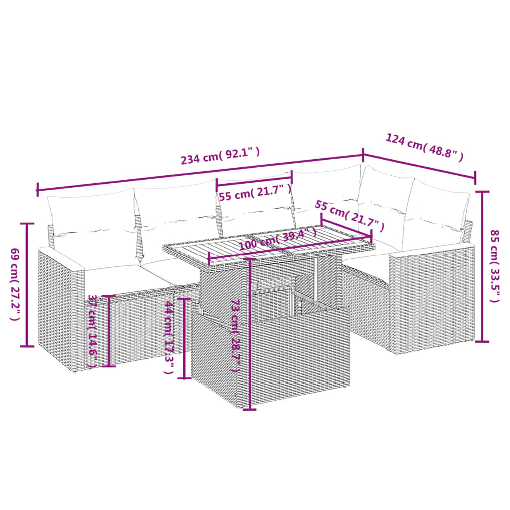 Set de muebles de jardín 6 pzas y cojines ratán sintético gris - Vetonek