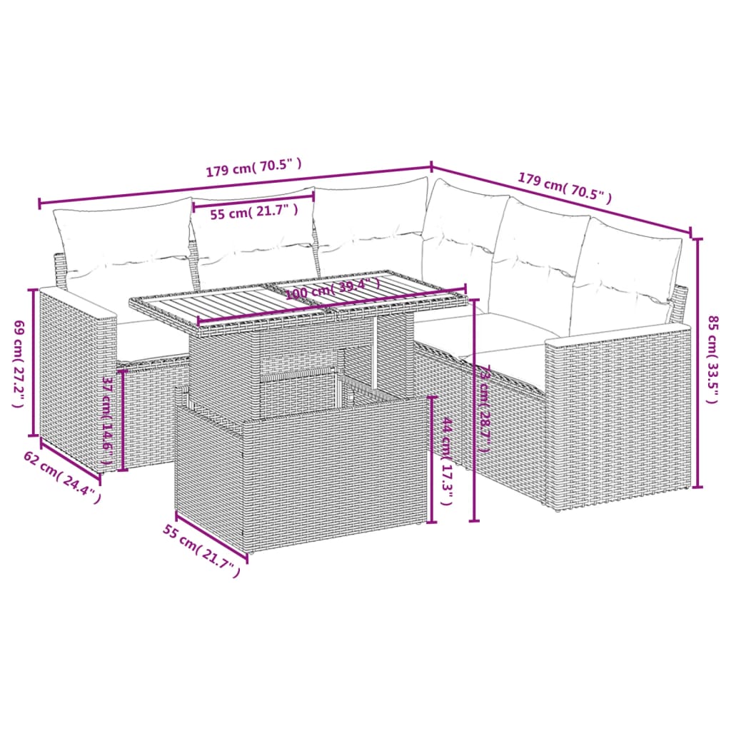 Set de muebles de jardín 6 pzas y cojines ratán sintético gris - Vetonek