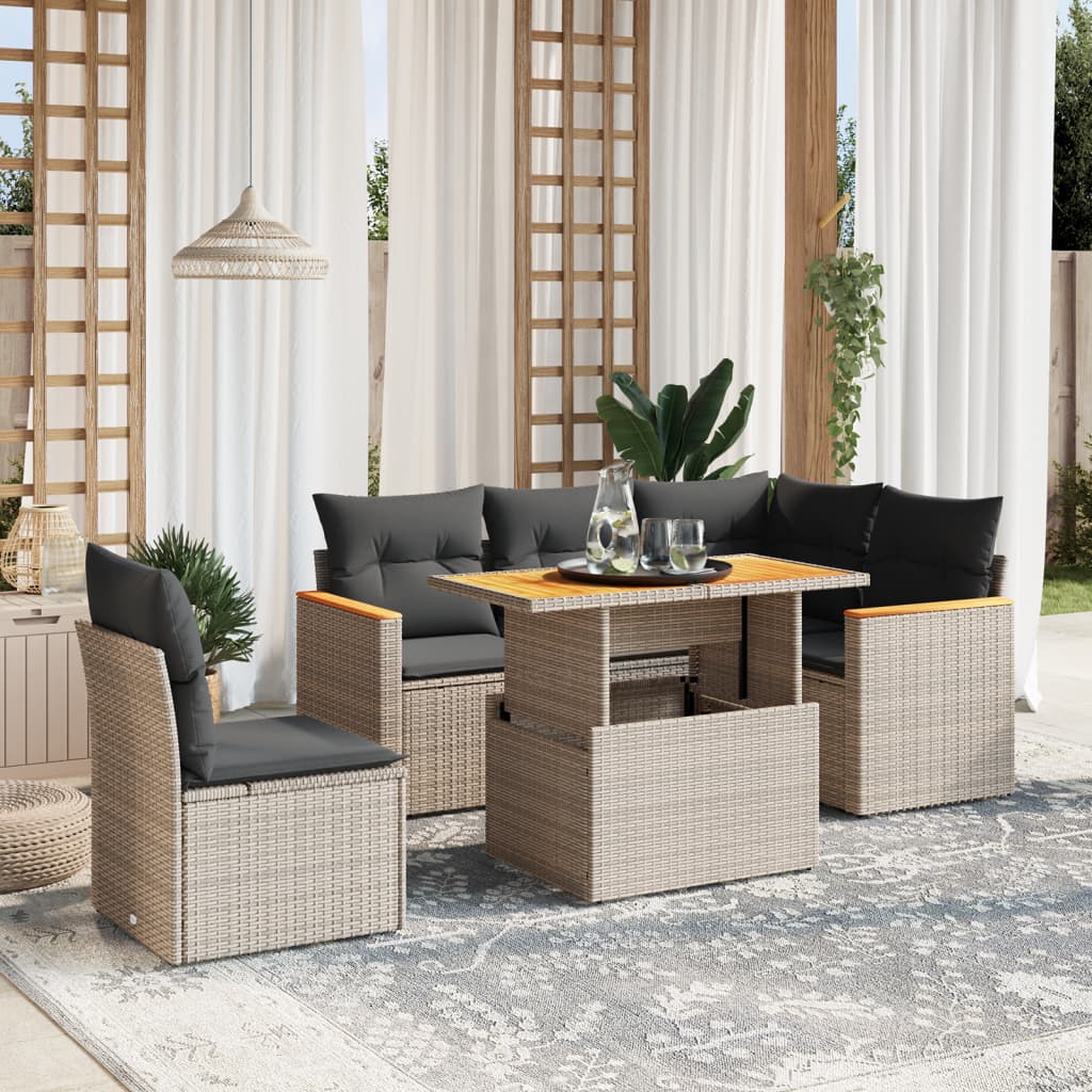 Vetonek Set de muebles de jardín 6 pzas y cojines ratán sintético gris