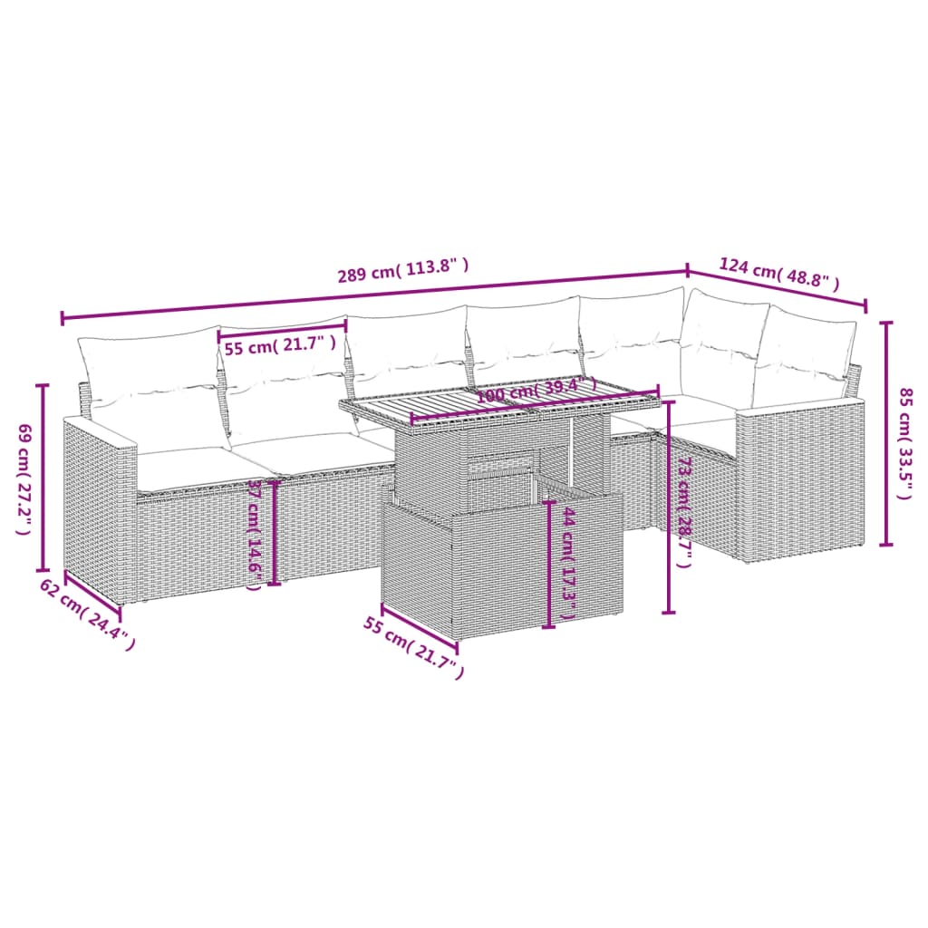 Set sofás de jardín 7 piezas y cojines ratán sintético beige - Vetonek