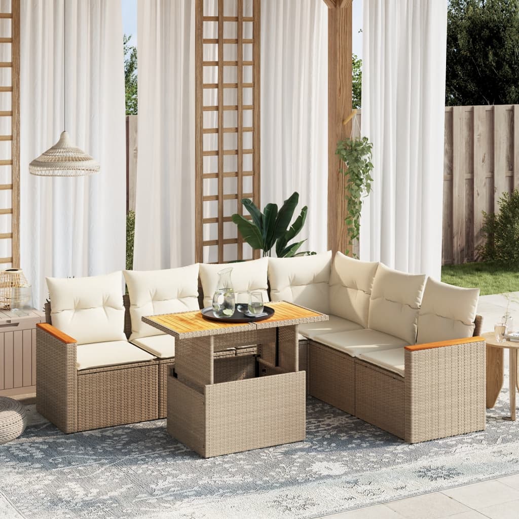 Set sofás de jardín 7 piezas y cojines ratán sintético beige