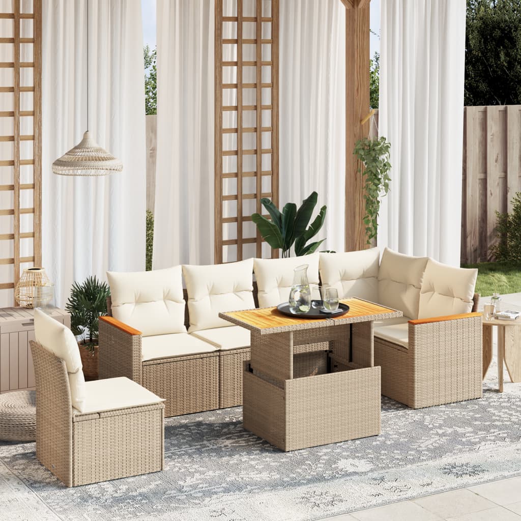 Set sofás de jardín 7 piezas y cojines ratán sintético beige V8939 Vetonek
