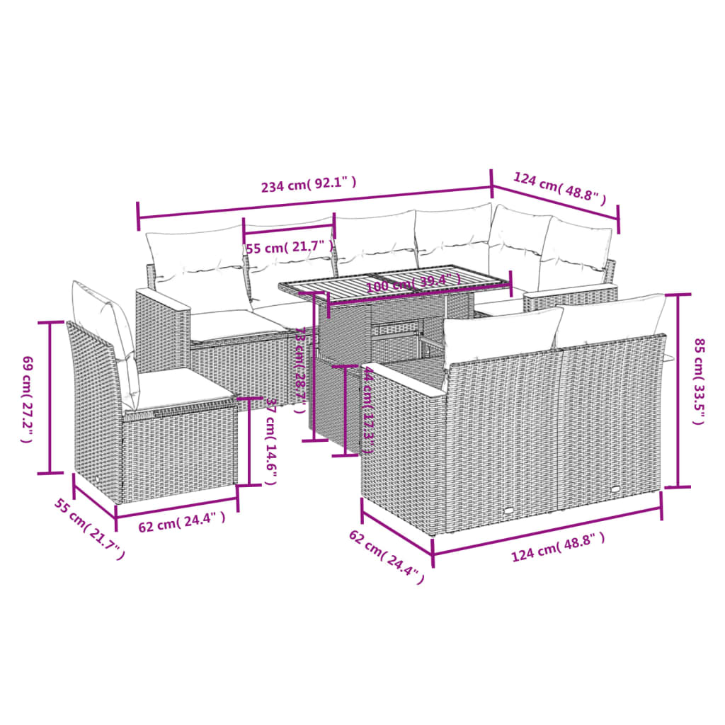 Sofás de jardim Conjunto de 9 PCs com almofadas sintéticas bege