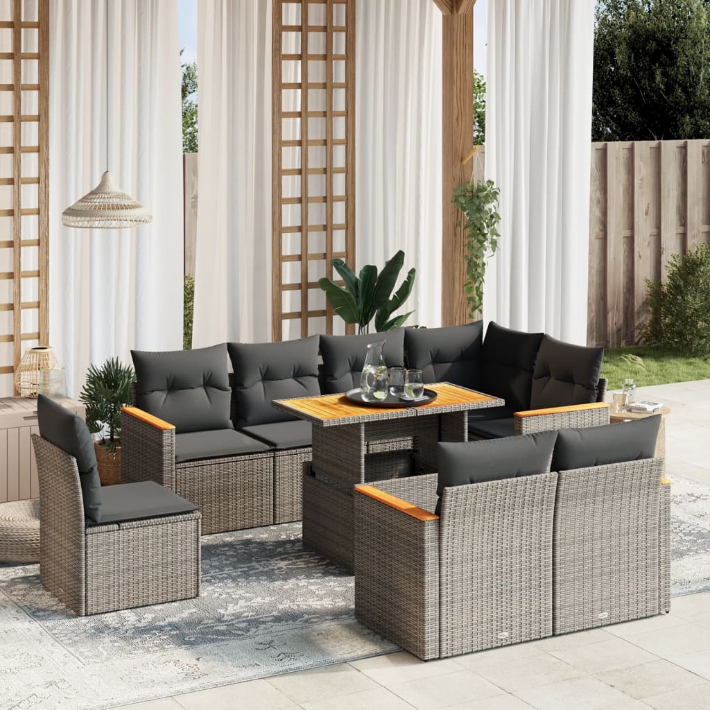 Vetonek Set de muebles de jardín 9 pzas y cojines ratán sintético gris