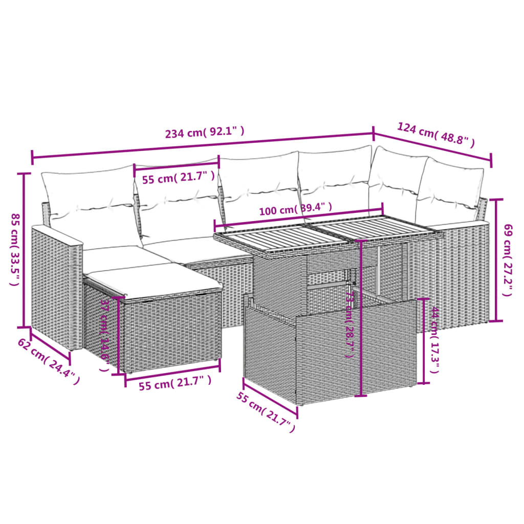 Set sofás de jardín 7 piezas y cojines ratán sintético beige - Vetonek