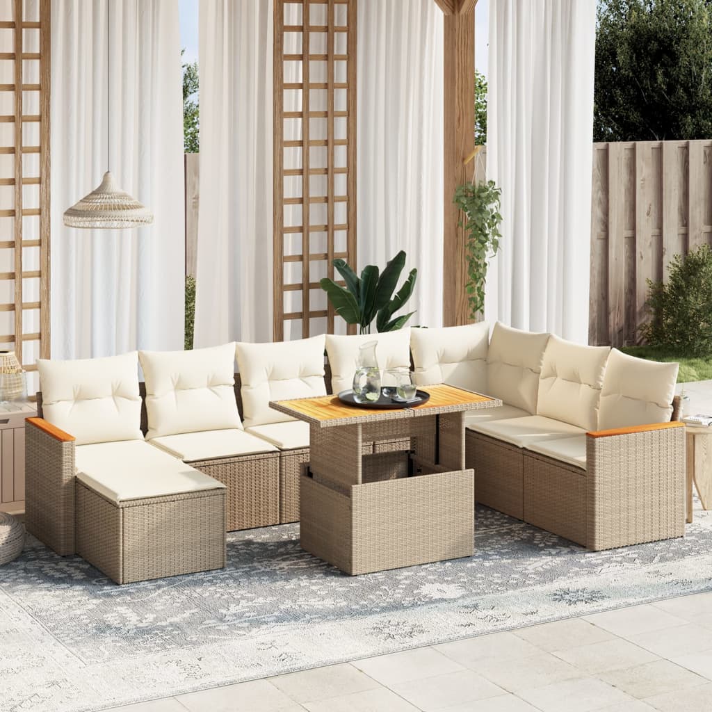 Vetonek Set de sofás de jardín 9 pzas con cojines ratán sintético beige