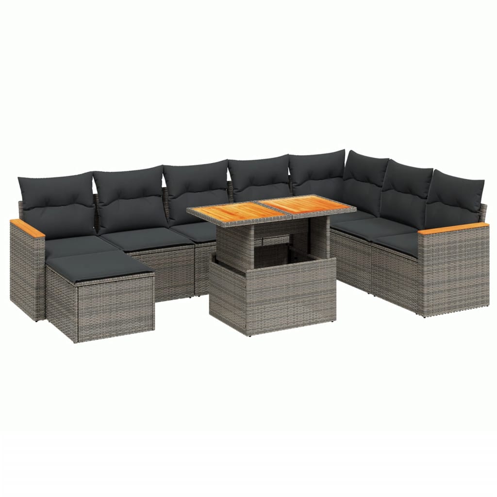 Set de muebles de jardín 9 pzas y cojines ratán sintético gris - Vetonek