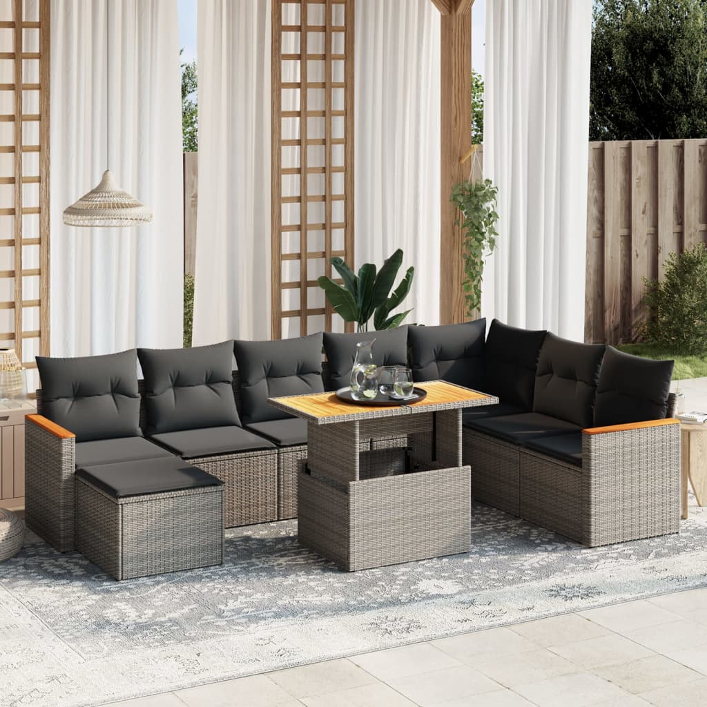 Vetonek Set de muebles de jardín 9 pzas y cojines ratán sintético gris