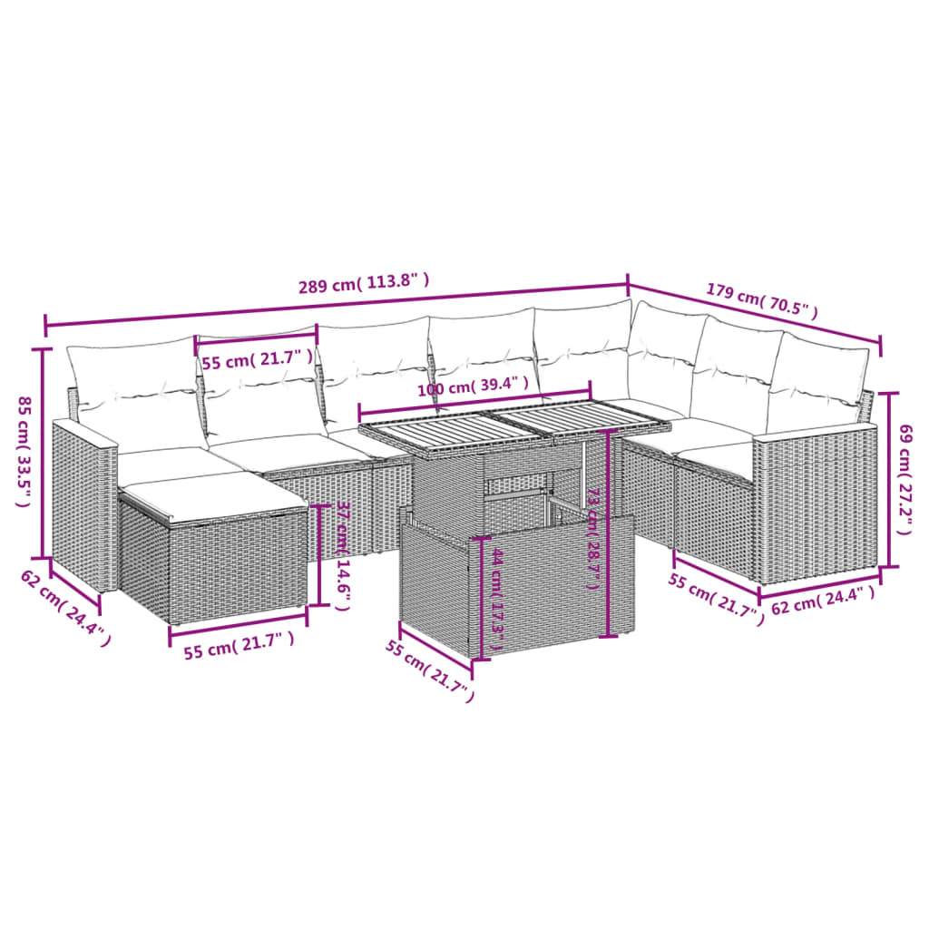 Set de muebles de jardín 9 pzas y cojines ratán sintético gris - Vetonek