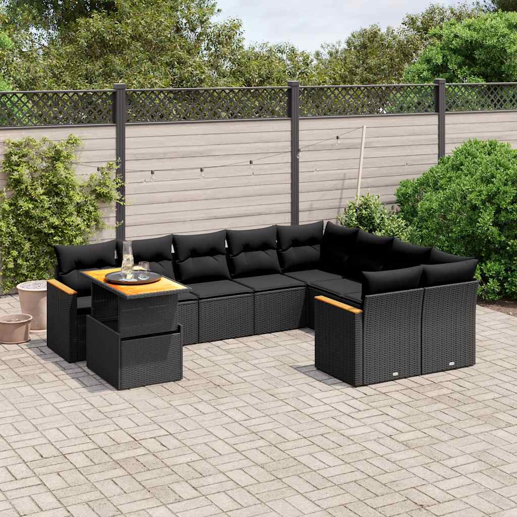 Ensemble canapé de jardin 10 pièces avec coussins en rotin synthétique noir V0307 Vetonek