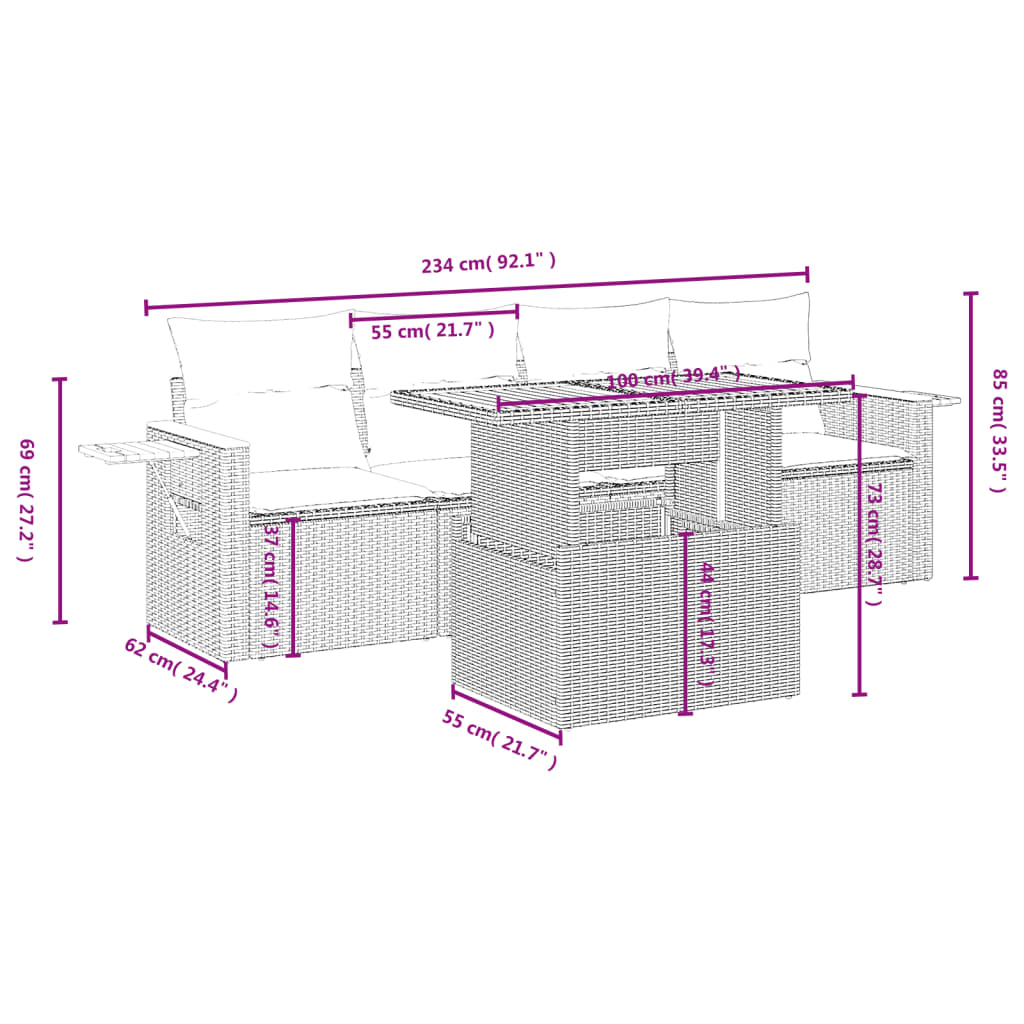 Conjunto de móveis de jardim 5 PCs e almofadas sintéticas pretas