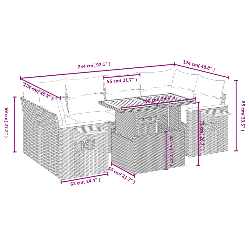 Set de comedor de jardín 7 pzas y cojines ratán sintético negro