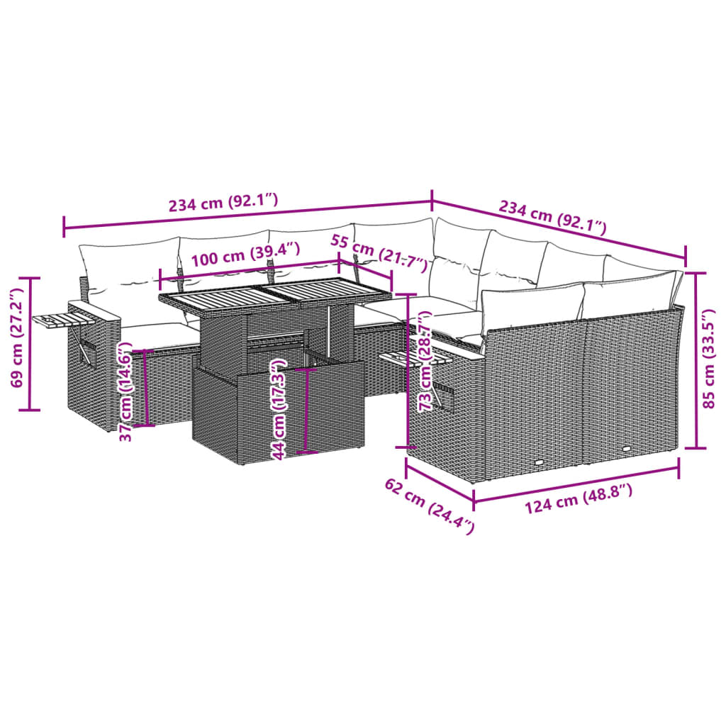 Set de sofás de jardín 8 piezas y cojines ratán sintético negro - Vetonek