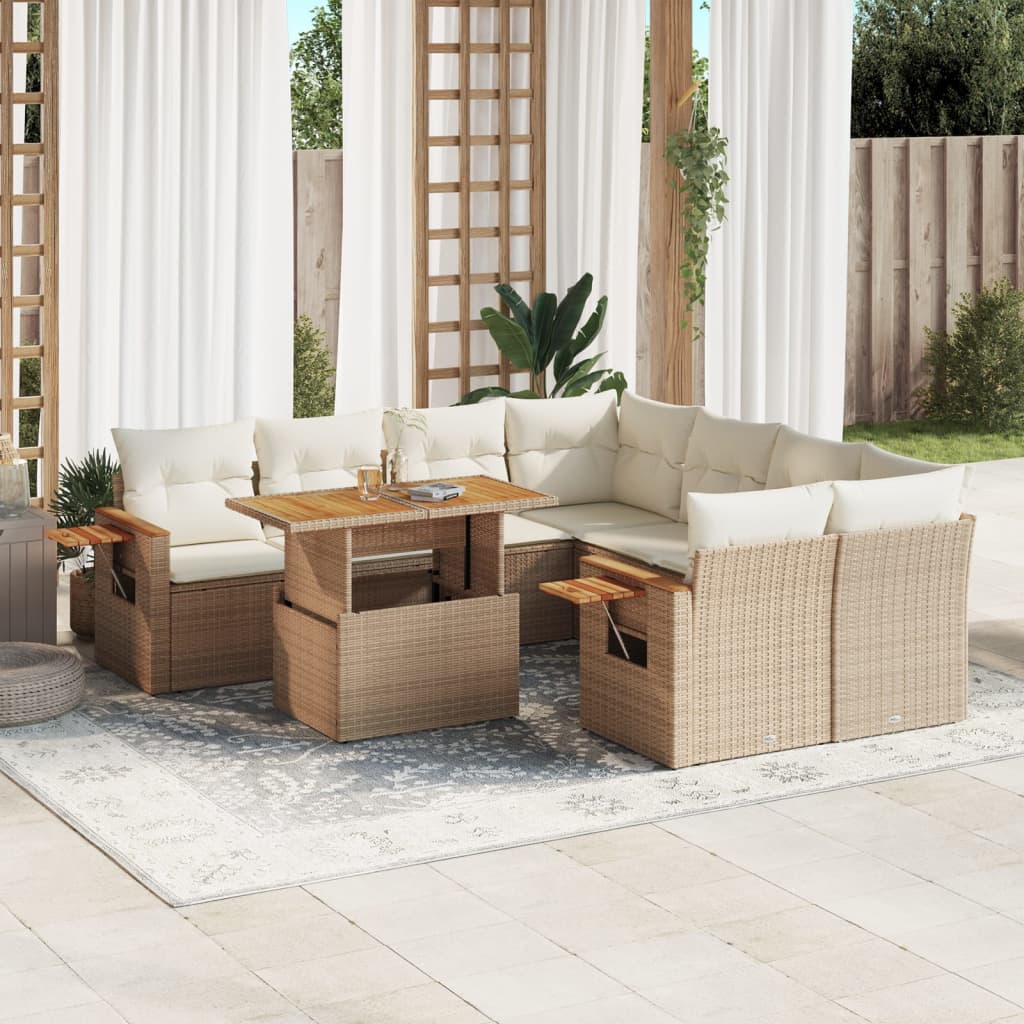 Vetonek Set de sofás de jardín 9 pzas con cojines ratán sintético beige