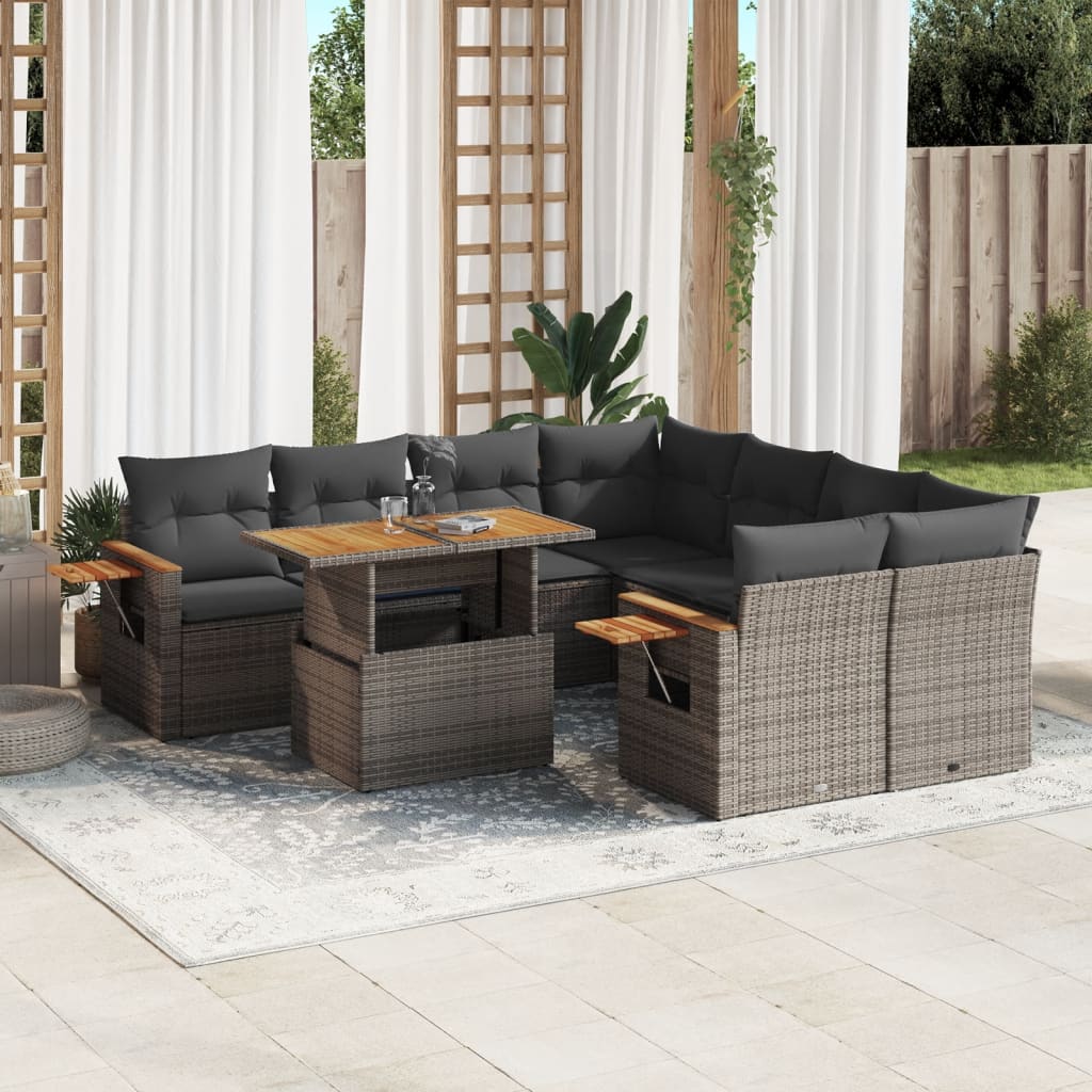 Vetonek Set de muebles de jardín 9 pzas y cojines ratán sintético gris