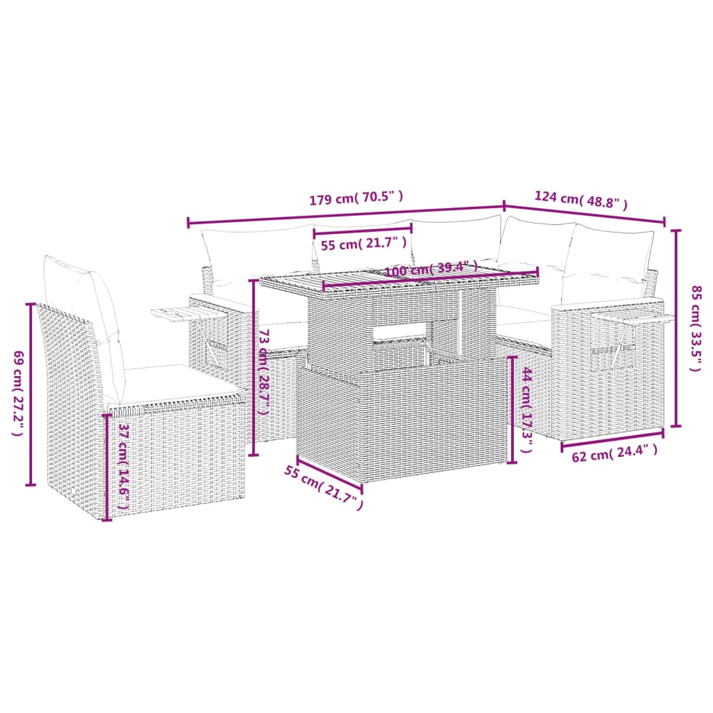 Set de sofás de jardín 6 piezas y cojines ratán sintético negro V3100 Vetonek