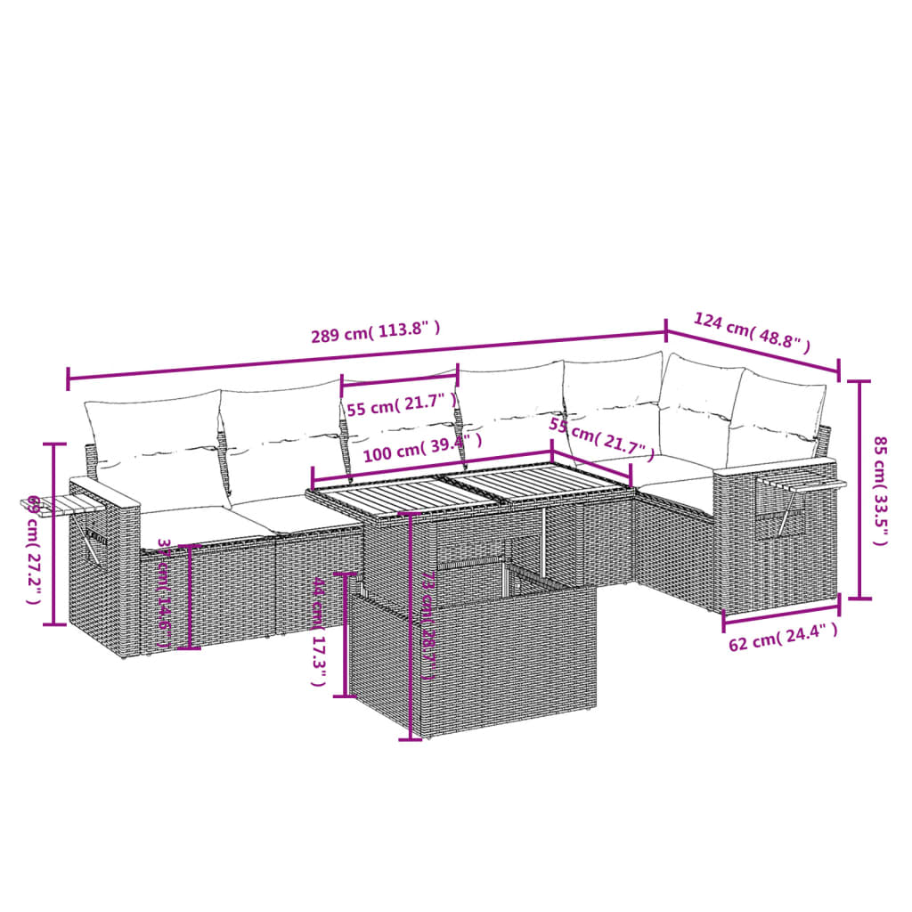 Set de comedor de jardín 7 pzas y cojines ratán sintético negro