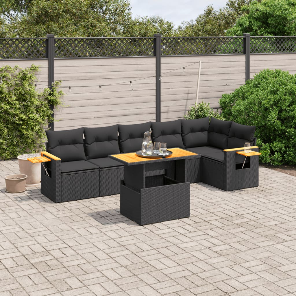 Set de comedor de jardín 7 pzas y cojines ratán sintético negro V3179 Vetonek