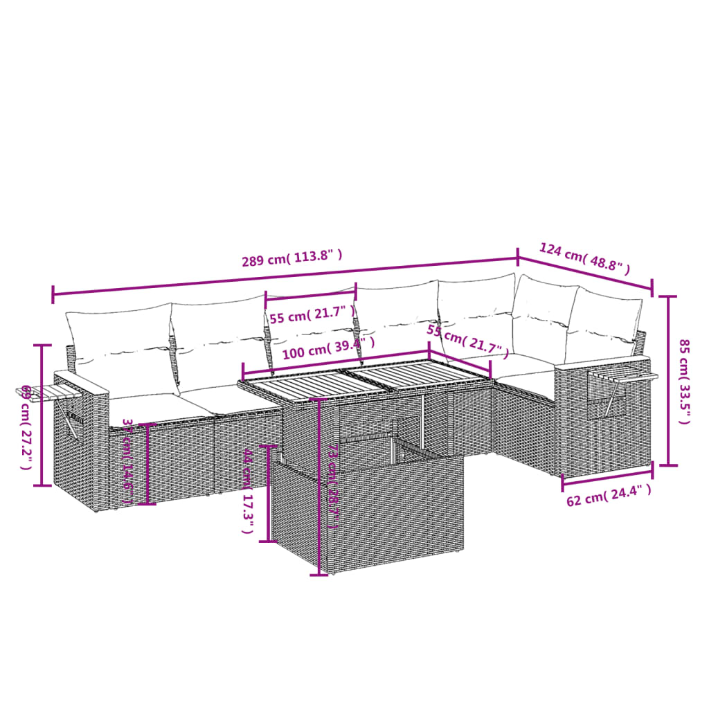 Set de comedor de jardín 7 pzas y cojines ratán sintético negro - Vetonek