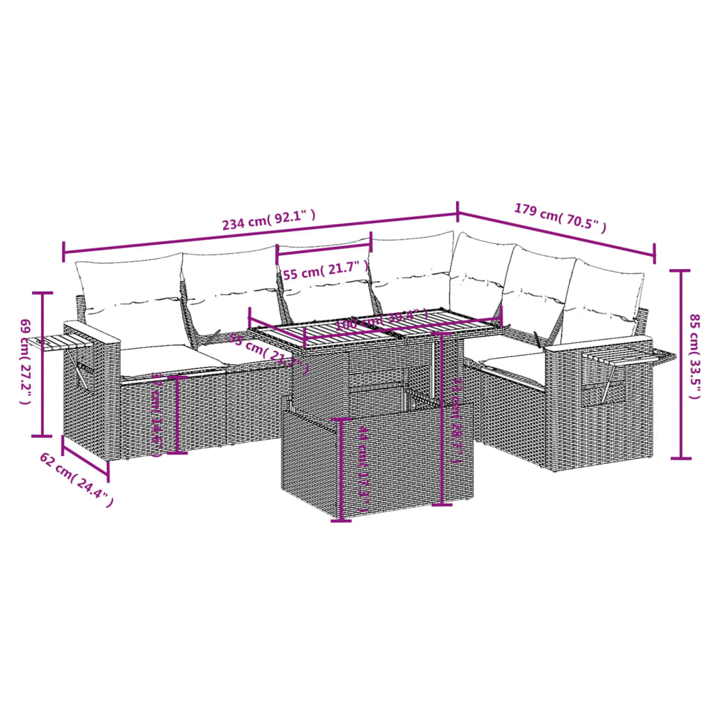 Set de comedor de jardín 7 pzas y cojines ratán sintético negro