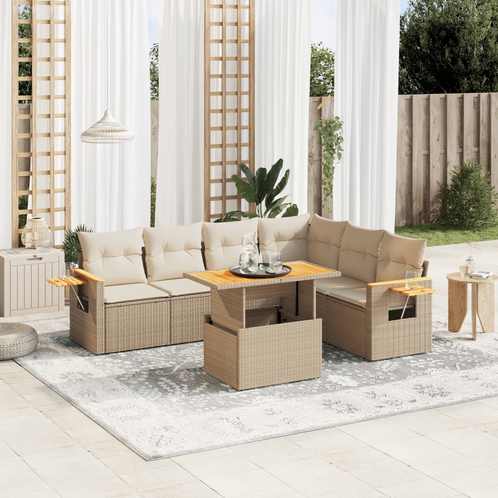 Set sofás de jardín 7 piezas y cojines ratán sintético beige V3278 Vetonek