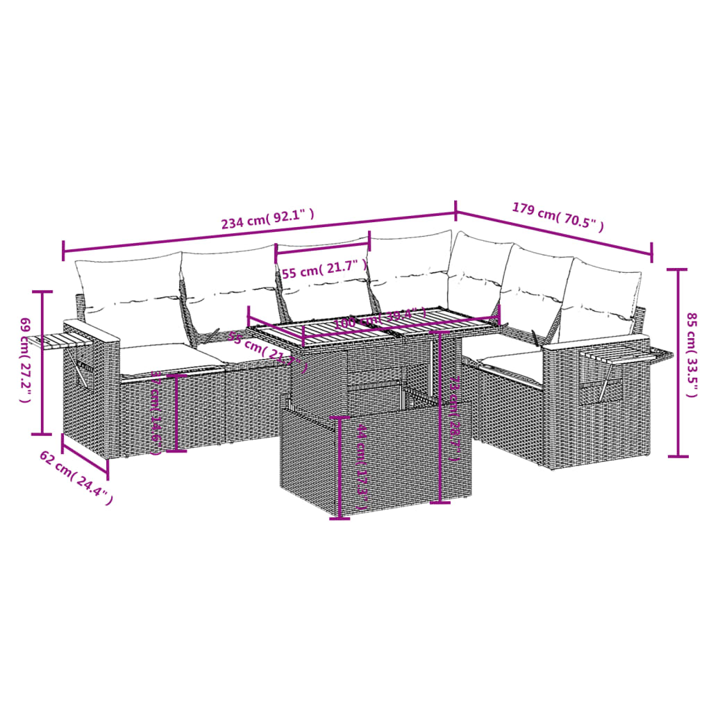 Garden Sofas Set 7 pieces with gray rattan cushions