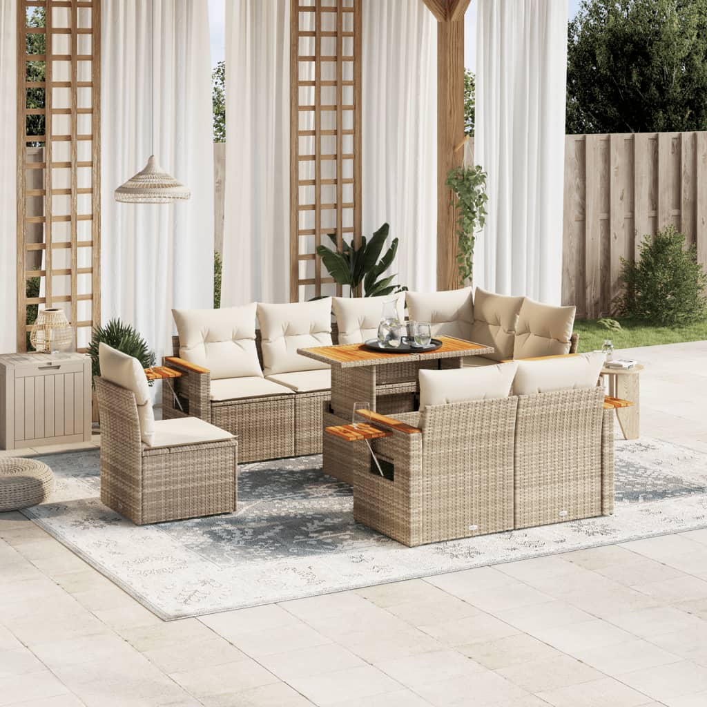 Vetonek Set de sofás de jardín 9 pzas con cojines ratán sintético beige