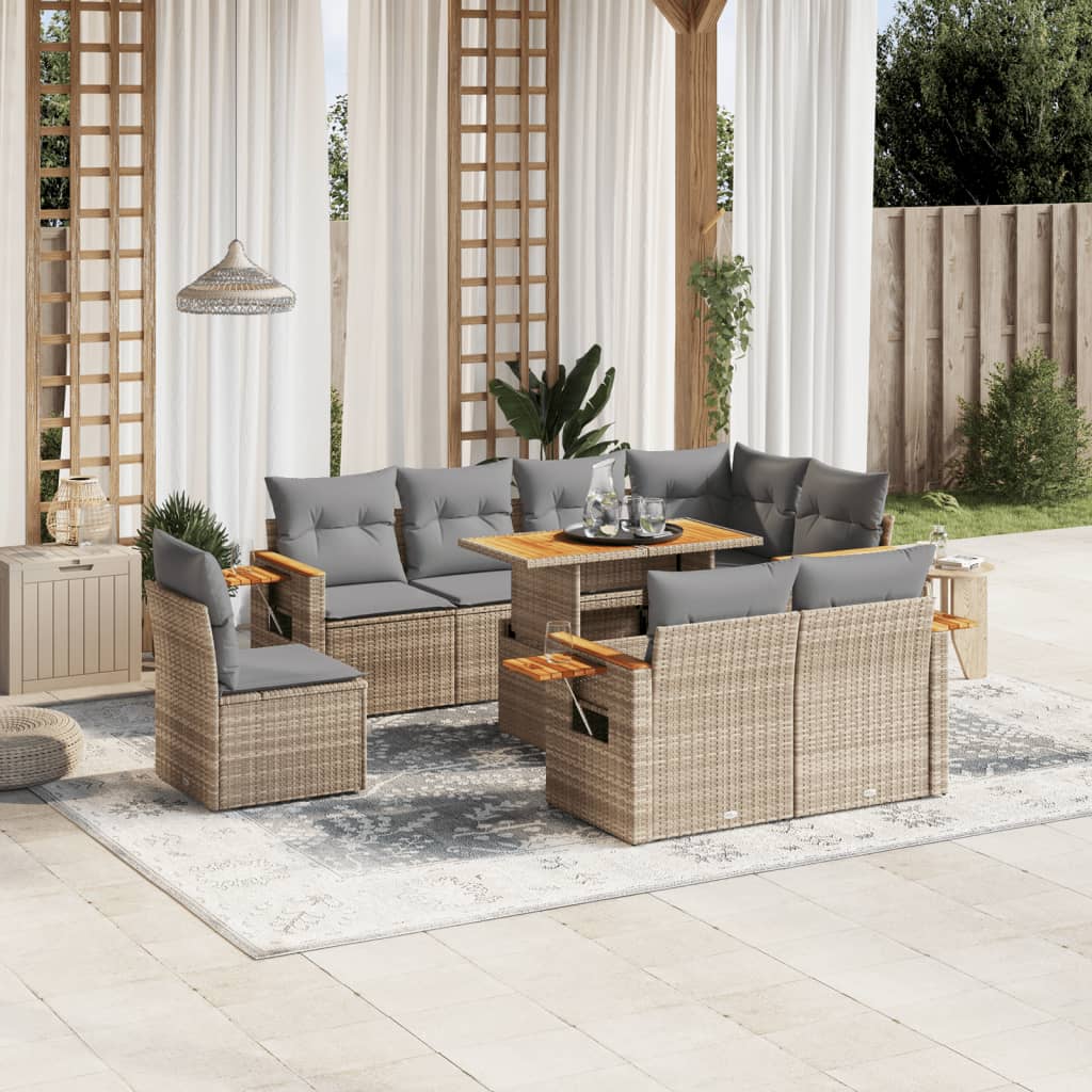 Vetonek Set de sofás de jardín 9 pzas con cojines ratán sintético beige