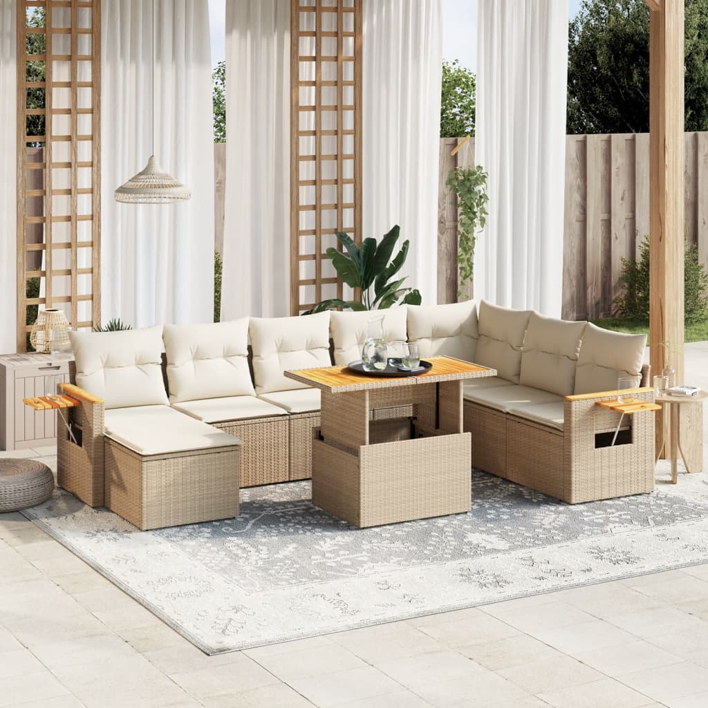 Vetonek Set de sofás de jardín 9 pzas con cojines ratán sintético beige