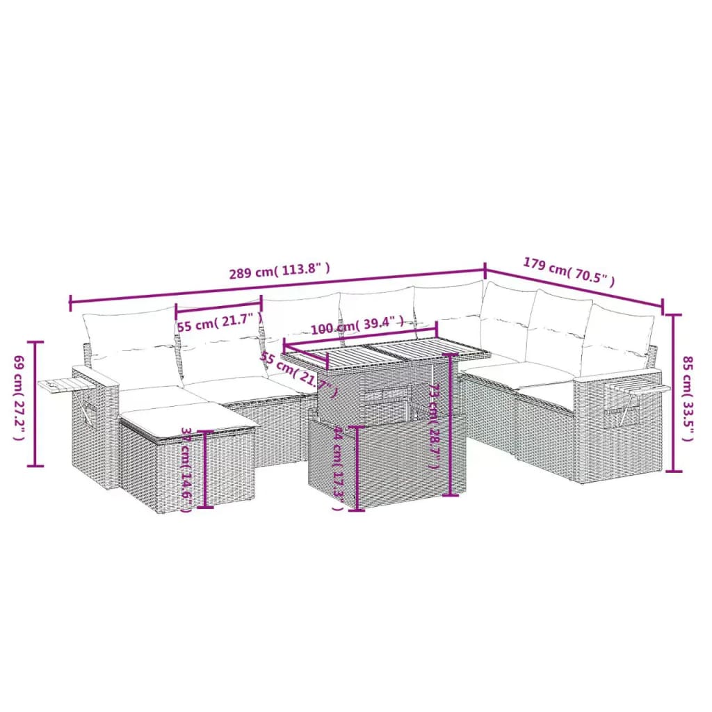 Set de sofás de jardín 9 pzas con cojines ratán sintético beige