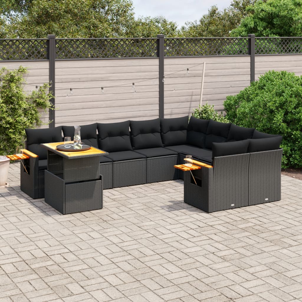 Ensemble canapé de jardin 10 pièces avec coussins en rotin synthétique noir V4718 Vetonek