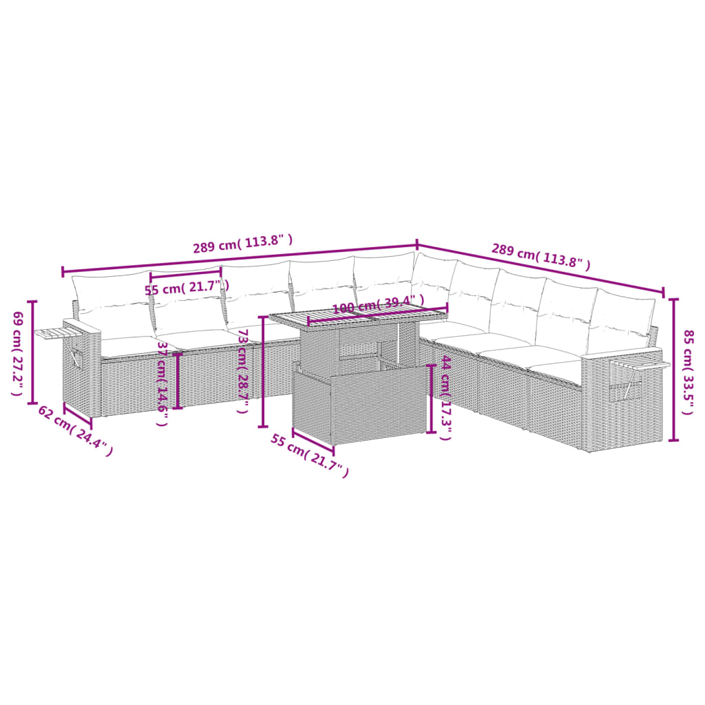 Set de sofás de jardín 11pzas con cojines ratán sintético beige