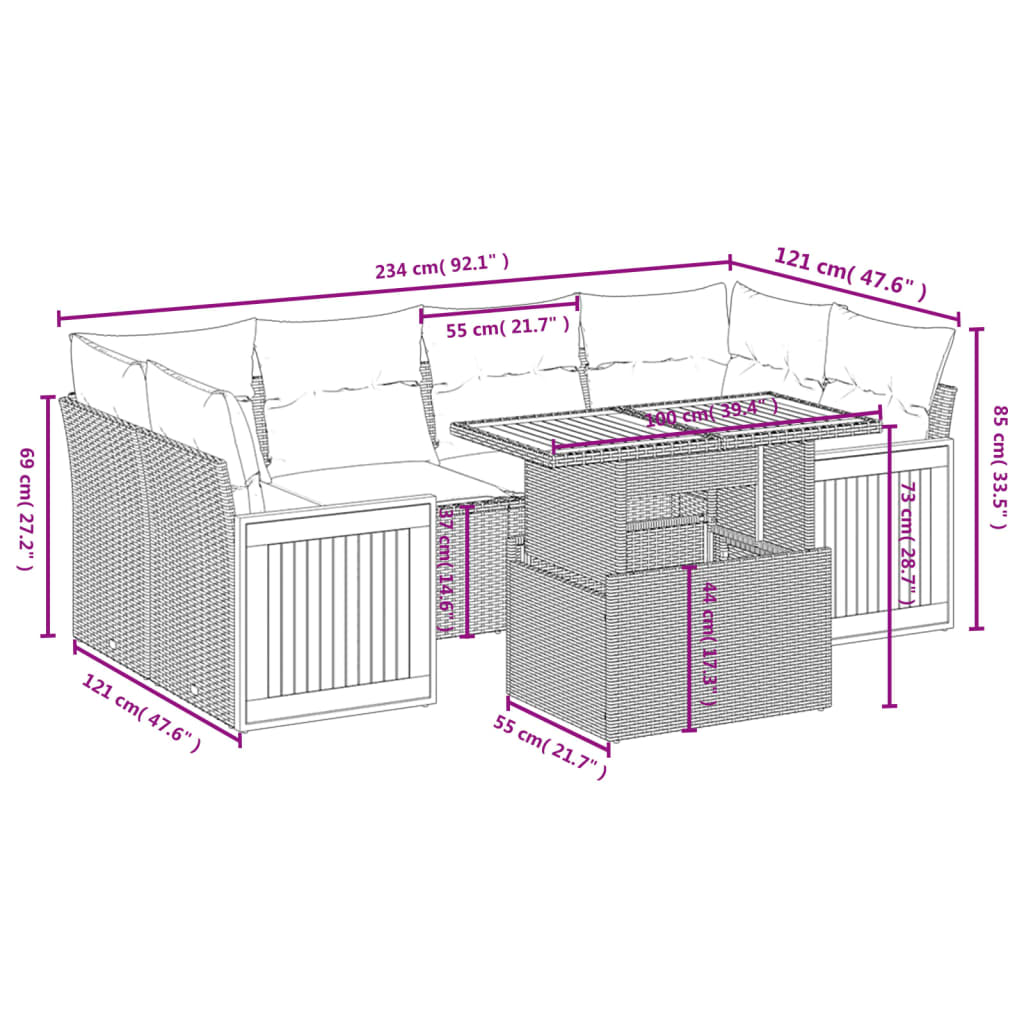 Set de comedor de jardín 7 pzas y cojines ratán sintético negro