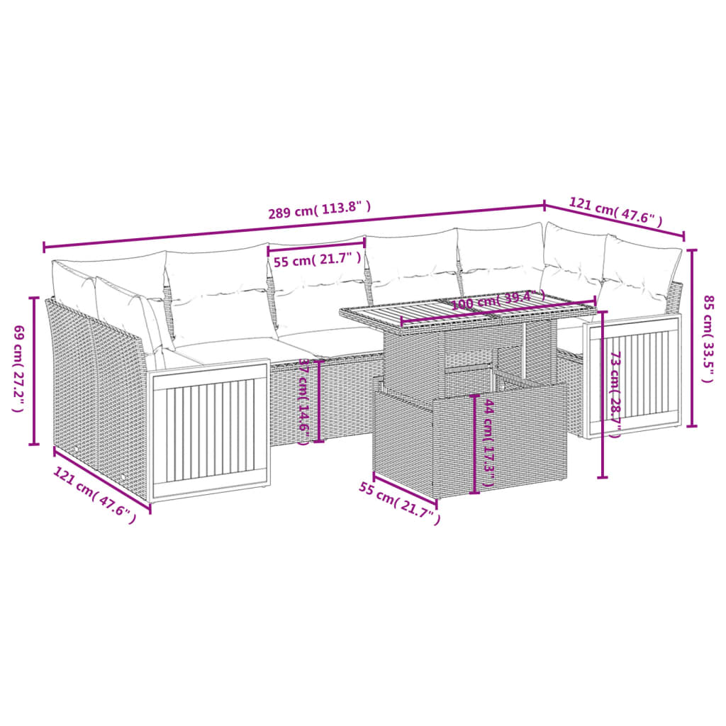 Gartensofas Set 8 Stücke und schwarze synthetische Rattankissen