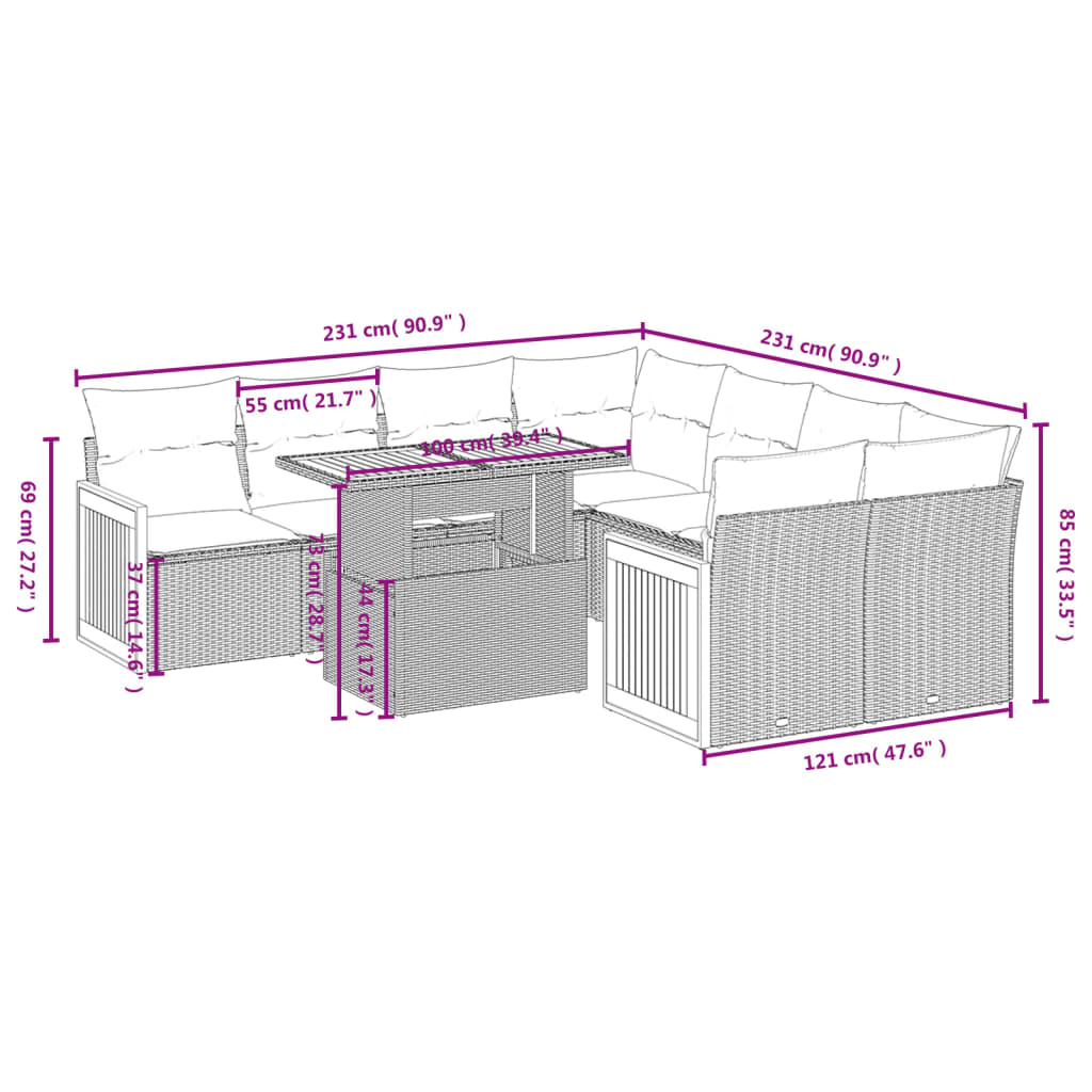 Garden furniture set and gray synthetic rattan cushions