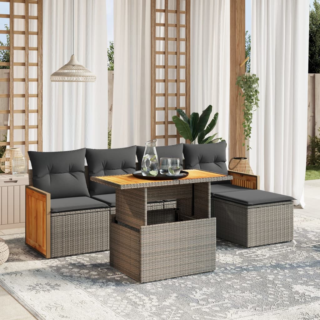 Vetonek Set de muebles de jardín 6 pzas y cojines ratán sintético gris