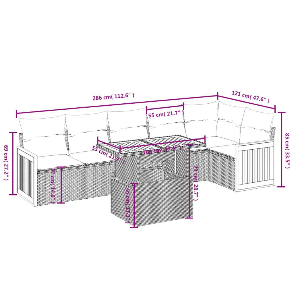 Set de comedor de jardín 7 pzas y cojines ratán sintético negro - Vetonek