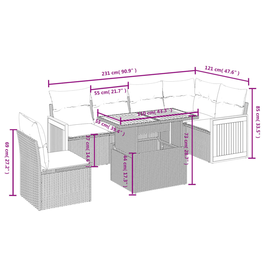 Divani da giardino set 7 pezzi con cuscini di rattan grigi