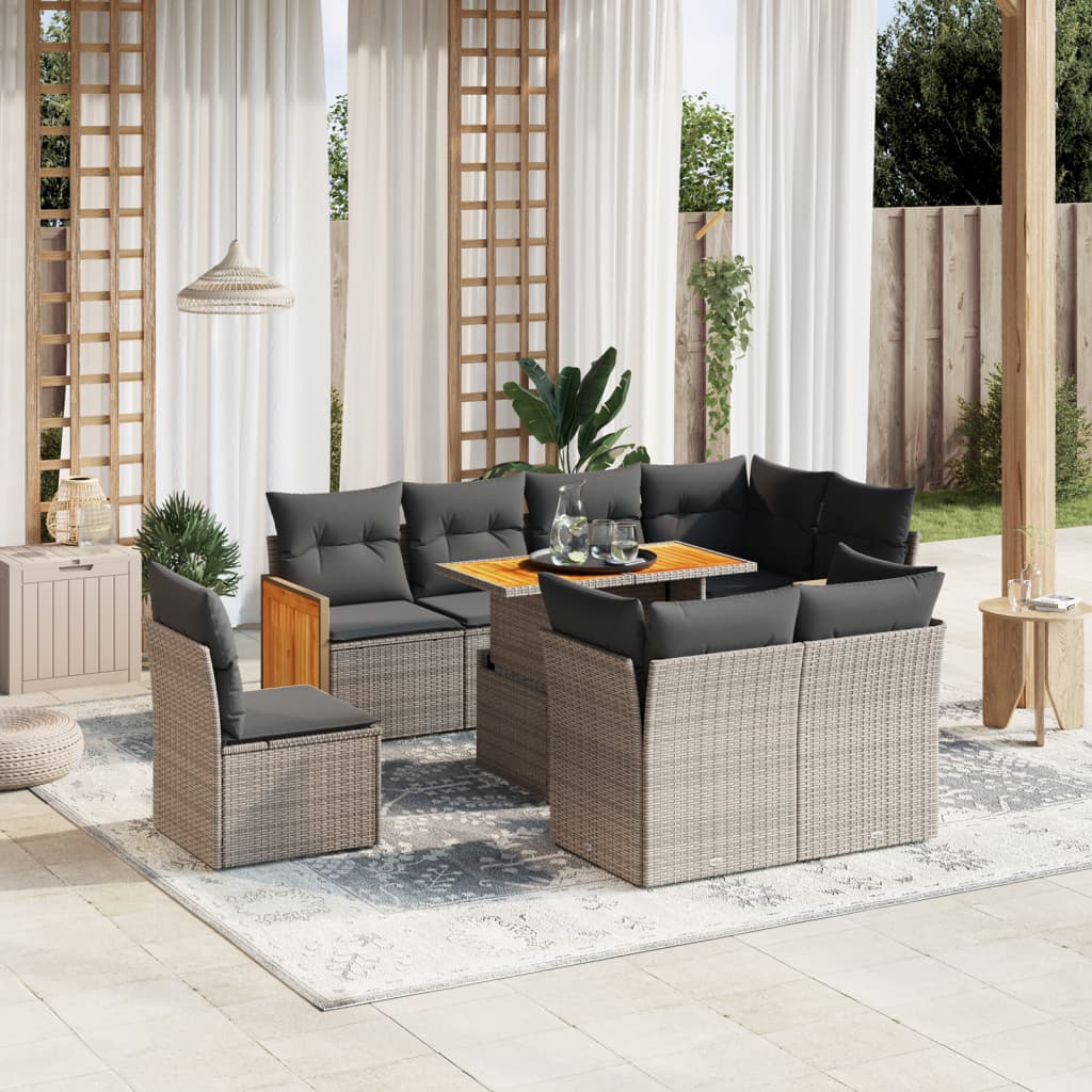 Vetonek Set de muebles de jardín 9 pzas y cojines ratán sintético gris