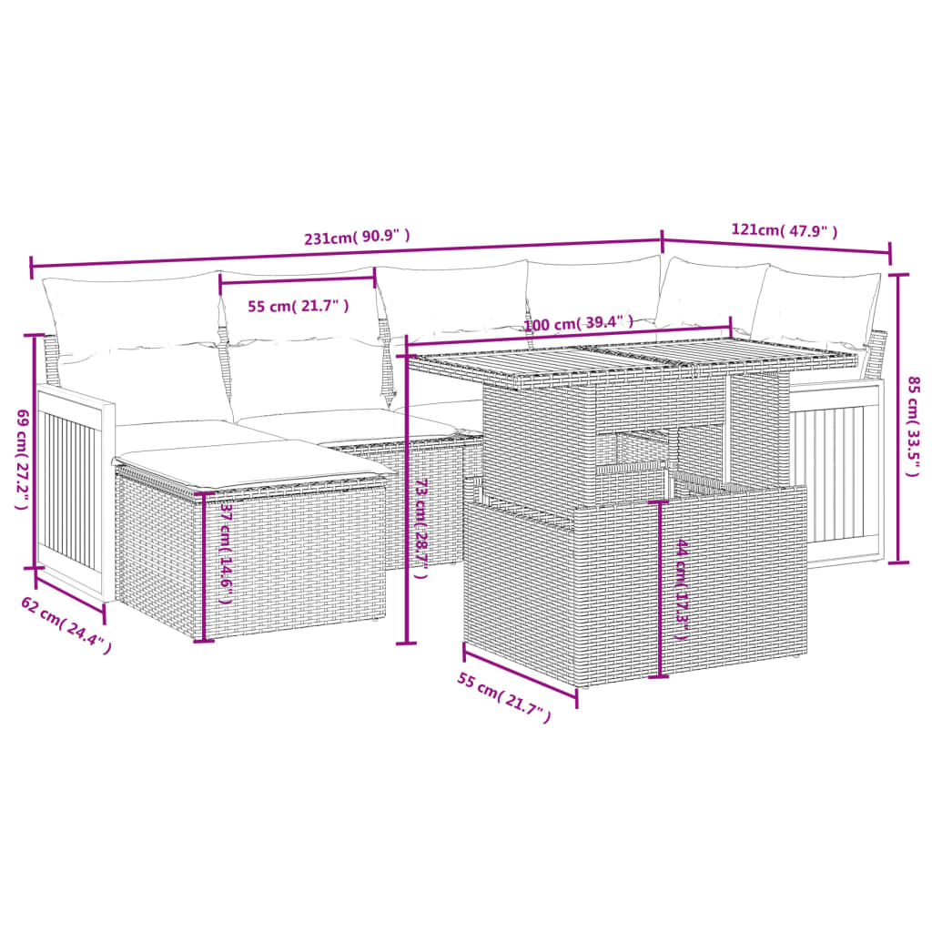 Set de comedor de jardín 7 pzas y cojines ratán sintético negro