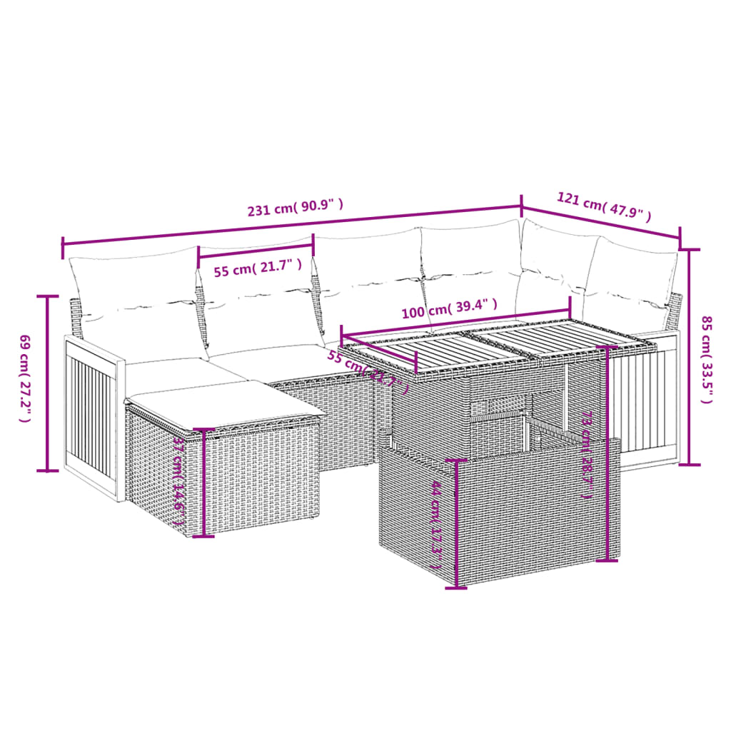 Ensemble de restauration de jardin 7 pcs et coussins de rotin synthétique noirs