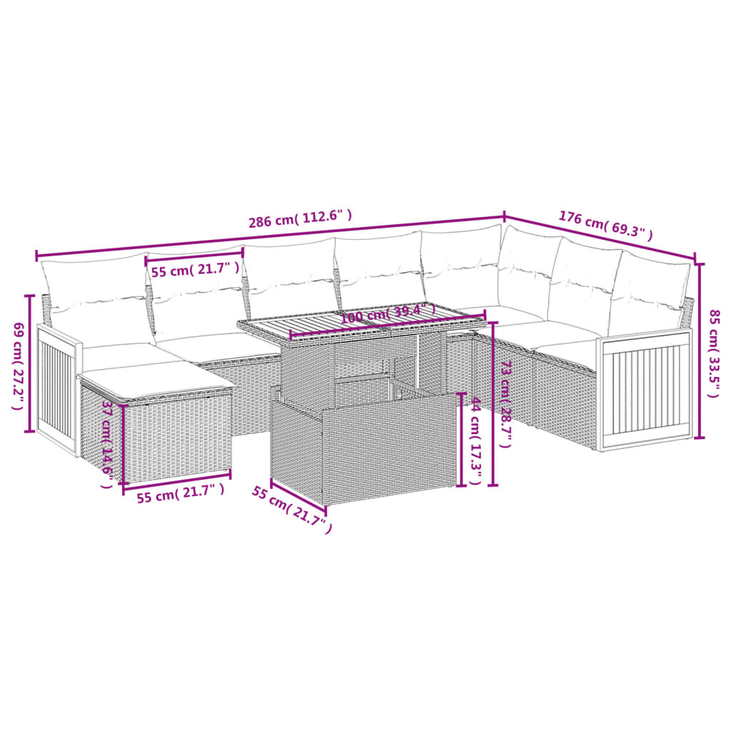 Garden furniture set and gray synthetic rattan cushions