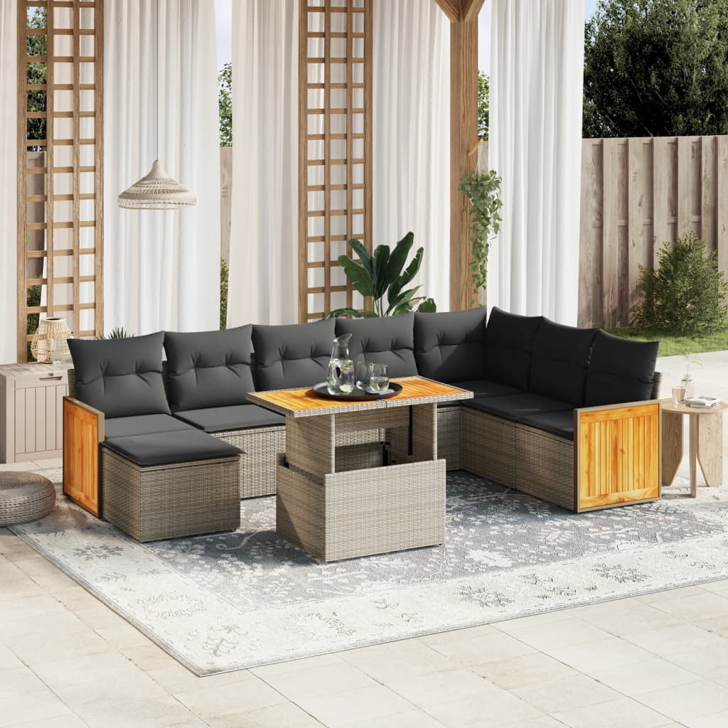 Vetonek Set de muebles de jardín 9 pzas y cojines ratán sintético gris