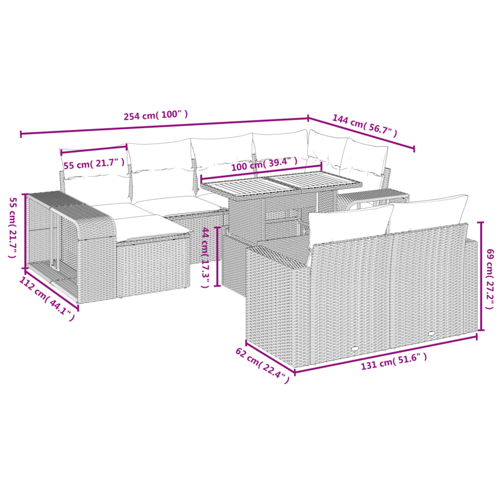 Garden Sofas Set 11 Pcs and Black Synthetic Ratan Cushions