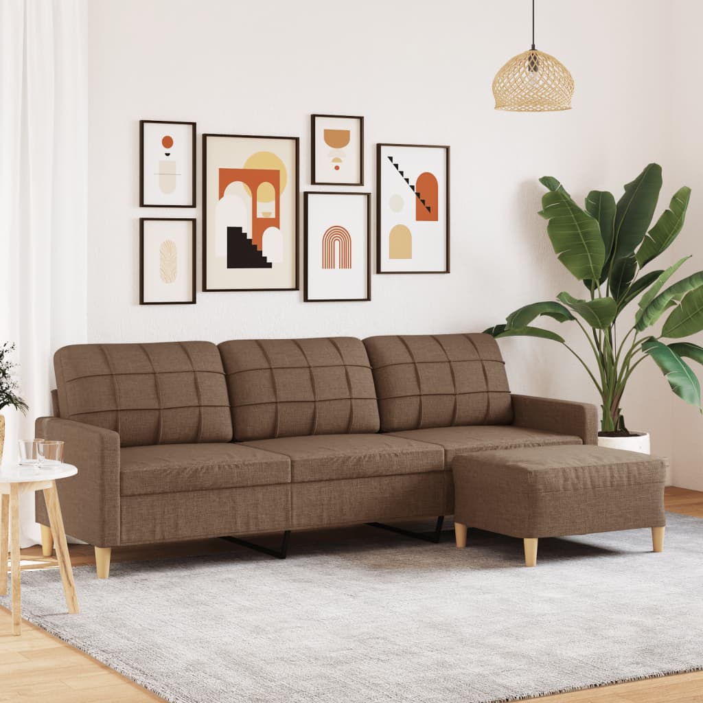 Sofá de 3 plazas marrón con taburete, combinación ideal para relax y estilo en el hogar.