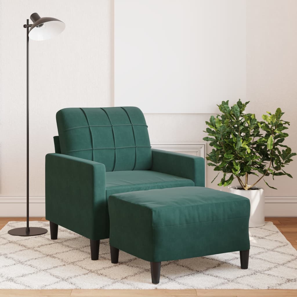 sillón de terciopelo verde oscuro con taburete, diseño moderno y cómodo, ideal para relajarse en el hogar.