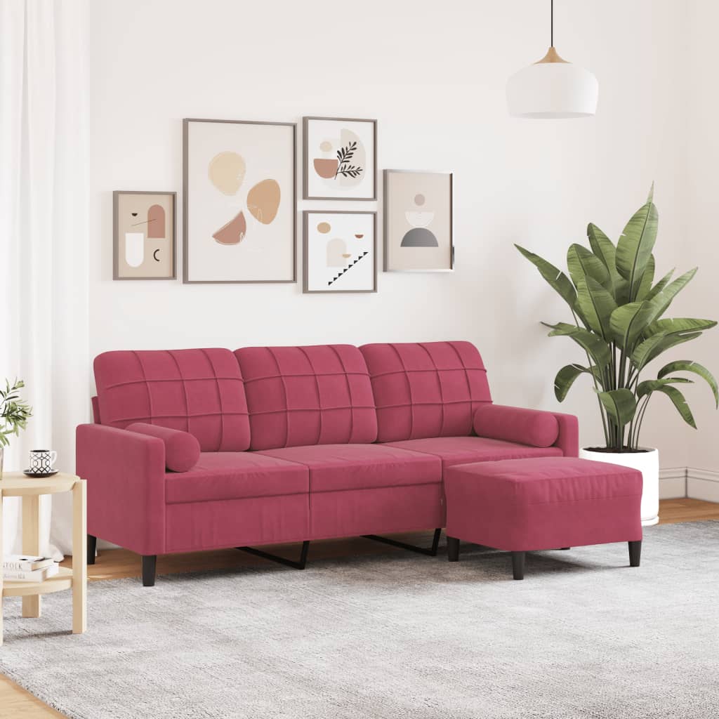 Sofá de 3 plazas de terciopelo rojo tinto con taburete, diseño moderno y acogedor en sala de estar elegante.