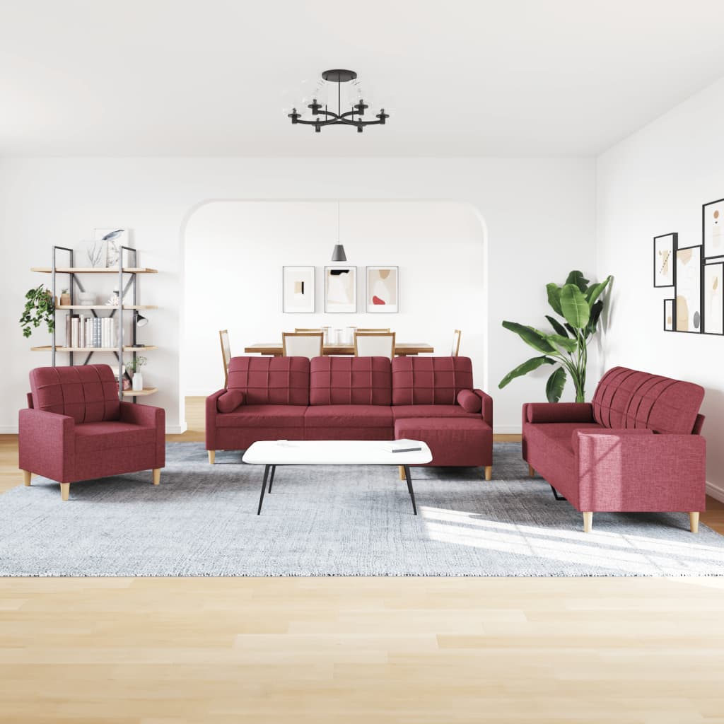 Sofa -Set 4 Teile mit Ruh- und Kissen roten roten Stoff